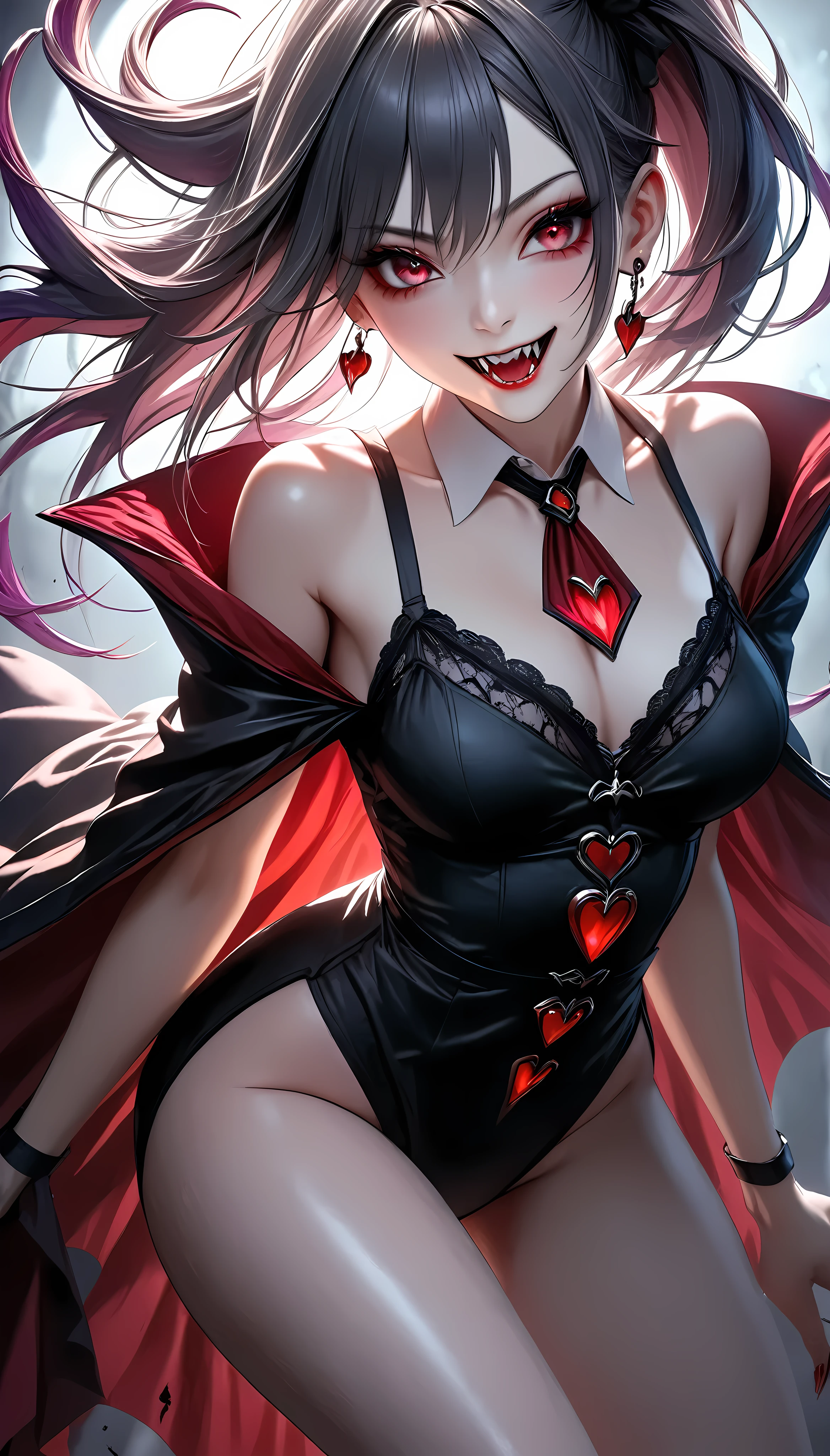 1girl, vampire, ATLAS character, extreme close-up, dynamic pose, piercing red fangs, chilling sinister smile, eye focus, old blood-stained black nightgown, unnaturally pale and alluring legs, best quality, 8k, highres, masterpiece, ultra-detailed, realistic, photo-realistic, vivid colors, dramatic studio lighting, dark fantasy, gothic horror, moody atmosphere