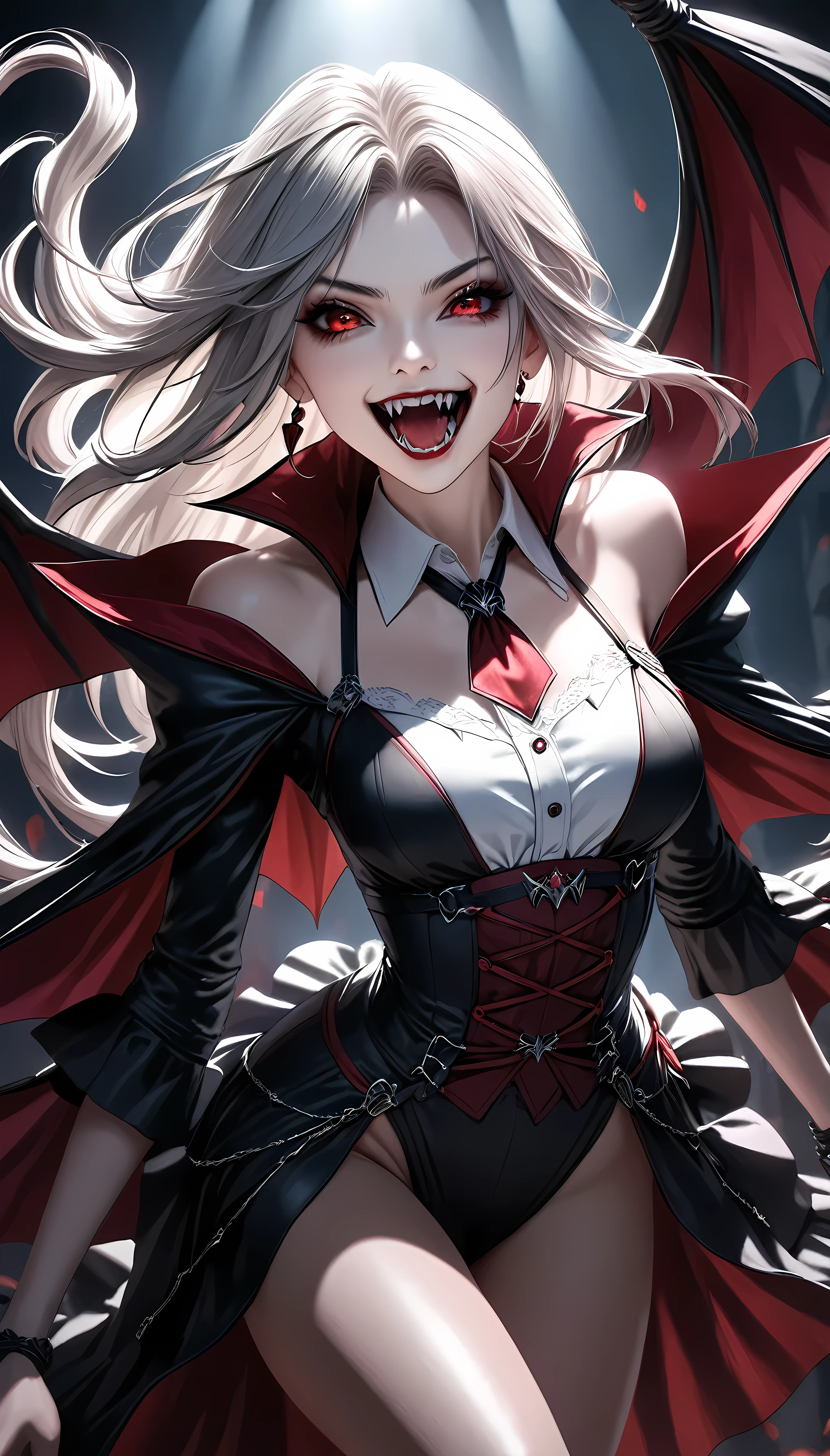 a close-up shot of a beautiful female vampire, her long sharp red fangs bared in a terrifying smile, eyes locked onto the viewer, wearing a dark gothic dress that suggests an ancient bloodline, pale flawless skin and alluring legs, dynamic motion of her biting action, dramatic and cinematic composition, dark moody lighting, cinematic, photorealistic, highly detailed, 8k