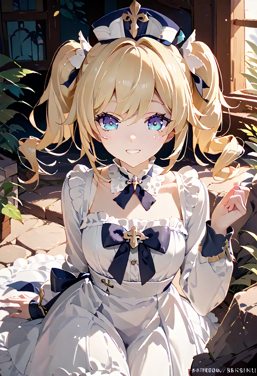 barbara,genshin impact,blonde short hair,twintails,wavy hair,white dress,ribbon,Tube Top,frills,blue eyes,small breasts,cocktail hat,frill choker,chest riboon,long sleeves,smile, Facing the lens, leaning on huge stone, grin,Move your clothes to expose your chest、Cute nipples



