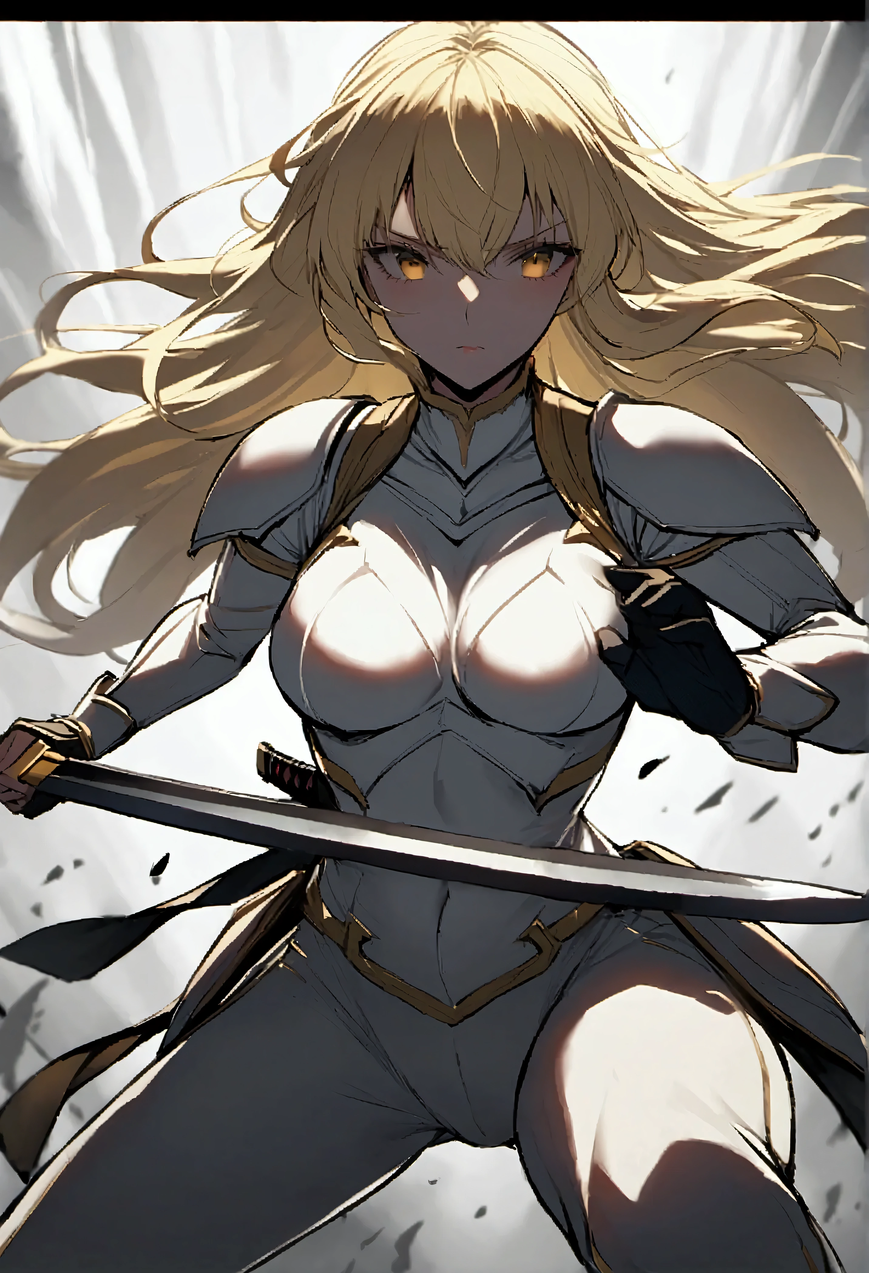 young woman , narrow waist, 155 cm tall, blonde long hair,    in light armor and with a two-handed sword in combat position and momentum, ready for a horizontal blow , Breasts 95 DD 