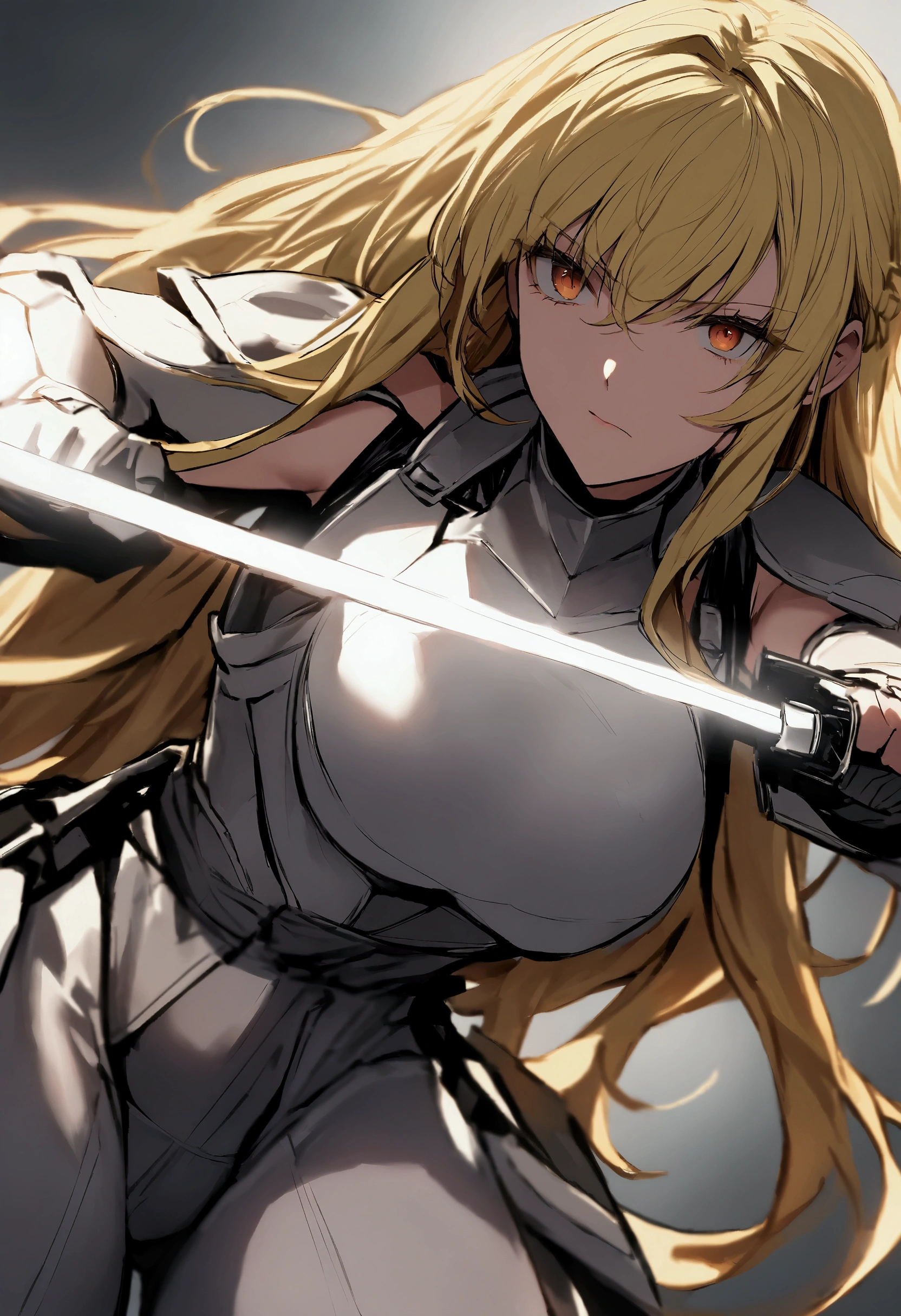 young woman , narrow waist, 155 cm tall, blonde long hair,    in light armor and with a two-handed sword in combat position and momentum, ready for a horizontal blow , Breasts 95 DD 