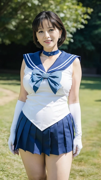  japanese mature,55 years old, white skin,(plump body, plump thighs:1.5),(Mer1, tiara, sailor senshi uniform, blue sailor collar, bow, knee boots, choker, white gloves, blue choker, elbow gloves, jewelry, earrings, blue skirt:1.2),( standing in the park, take a picture of the whole body from toe to head,full body,standing:1.2),looking at viewer,smile, surrealism, depth of field, from below, Sony FE, 8k