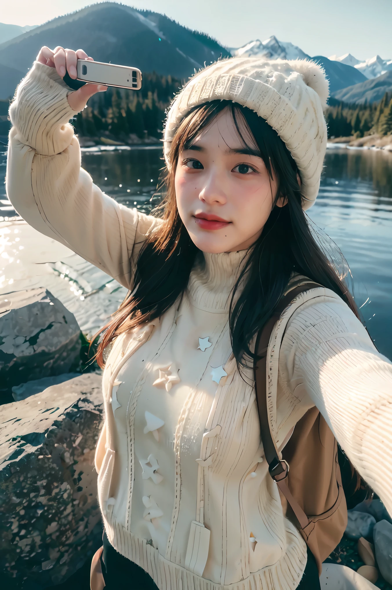 1 woman((upper body selfie, happy)), masterpiece, best quality, ultra-detailed, solo, outdoors, (night), mountains, nature, (stars, moon) cheerful, happy, backpack, sleeping bag, camping stove, water bottle, mountain boots, gloves, sweater, hat, flashlight, forest, rocks, river, wood, smoke, shadows, contrast, clear sky, analog style (look at viewer:1.2) (skin texture) (film grain:1.3), (warm hue, warm tone)