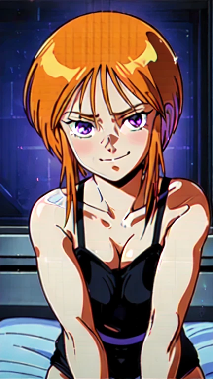 nsfw、solo、masterpiece, high quality, Ultra HD, high definition、1 girl,Ple Two、1990s Style、 short stature 、short hair, orange hair,bangs,short hair with long locks, side lock, hair between eyes ,Light purple pale eyes、 is short、colorful silk bra、colorful silk panties、 looking over here、Smirking eyes、Slanted Eyes、True Face、Ultra Close-Up、 on the bed、 normal breasts、 slender,、Handjob、 fellatio、 erect penis、 has a dildo in his hand、looking at viewer、 neon colored lights to open lips vertically、 seductive pose 、 Sexy Poses、dark,dark room,Chiaroscuro