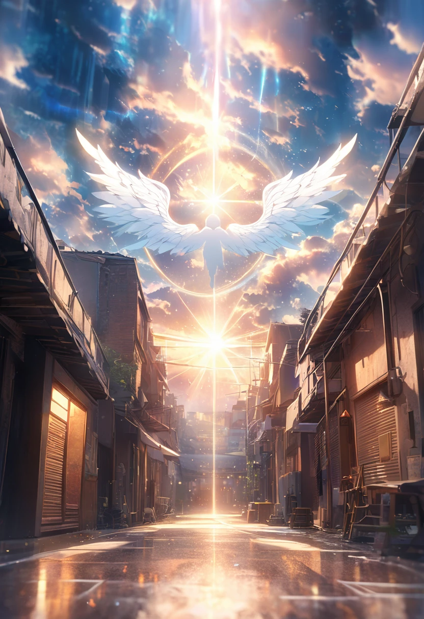  God through the clouds in an uninhabited alley々Composition with bright light shining in , The sky in the shape of clouds looks like angel wings  ,2D digital art with a mystical atmosphere (( background blur)),