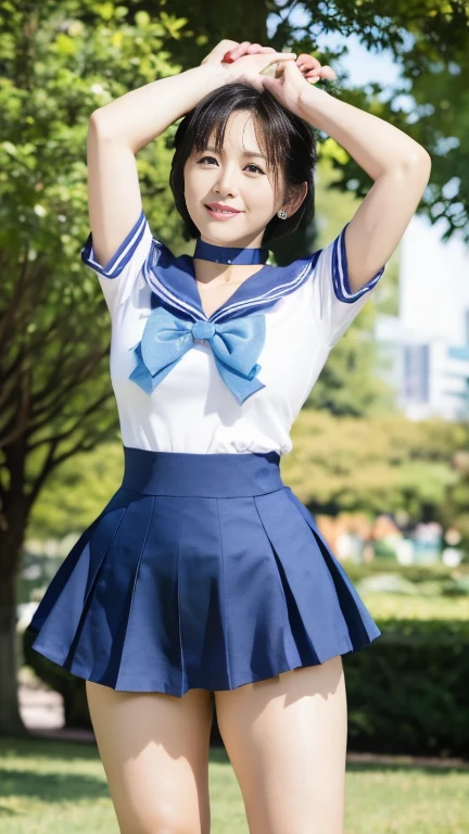  japanese mature,55 years old, white skin,(plump body, plump thighs:1.5),(Mer1, tiara, sailor senshi uniform, blue sailor collar, bow, knee boots, choker, white gloves, blue choker, elbow gloves, jewelry, earrings, blue skirt:1.2),( standing in the park, take a picture of the whole body from toe to head,full body,standing:1.2),looking at viewer,smile, surrealism, depth of field, from below, Sony FE, 8k, arms up