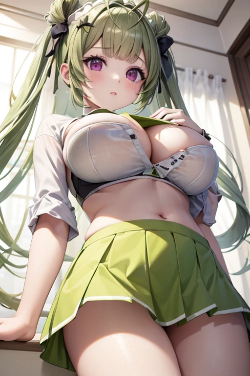  raise shirt ,  good、shirt lift、show off bura、Big Breasts、High image quality、masterpiece、 high definition、 bras、 ture、Shoot from below、 wear a bra、 is a twin tail hairstyle、Yellow-green hair、 Lace Bras、 miniskirt