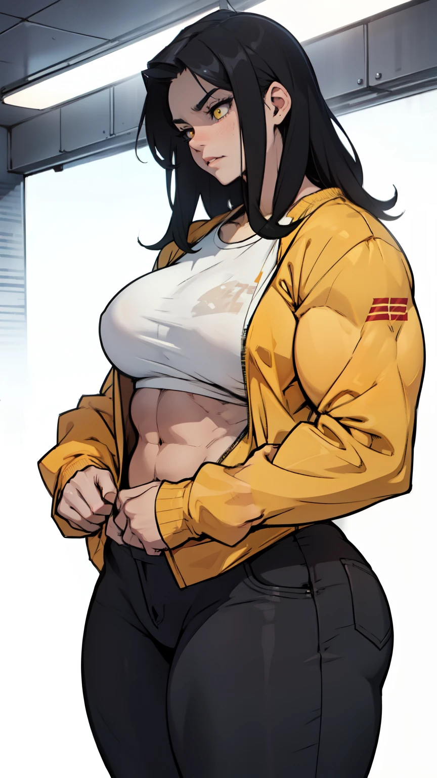 ((1girl muscular)) pale skin black hair very long hair yellow eyes large breasts hoodie sweatpants