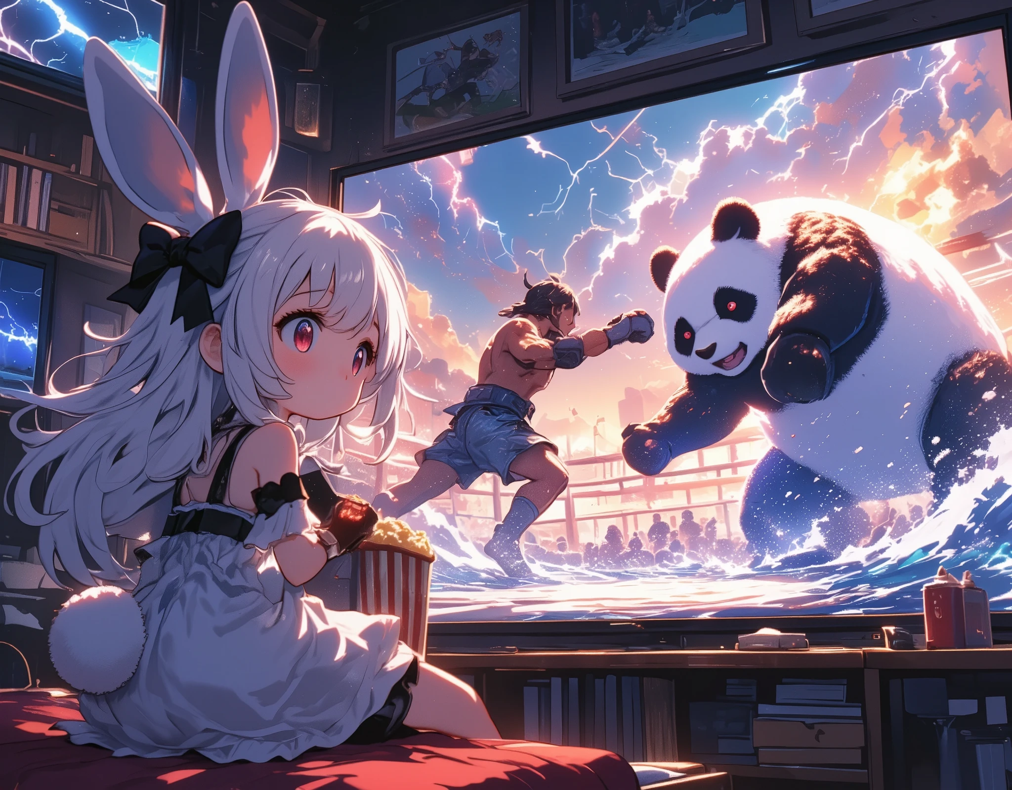 1girl\(chibi,human,cute,kawaii,small ,,white hair,long hair,bangs,ear\(fluffy white bunny-ear\),red eye,big eye,beautiful shiny eye,skin color white,big black hairbow,white frilled dress:1.3,breast,white rabbit tail at coccyx,holding popcorn,from back\) is watching TV-show\(1man\(very short hair,black hair,Muay Thai costume\) and 1giant-panda\(fluffy, huge,cute, scary\) is fighting, both angry and rage and yell in the super intense flash of thunder and huge tsunami\)