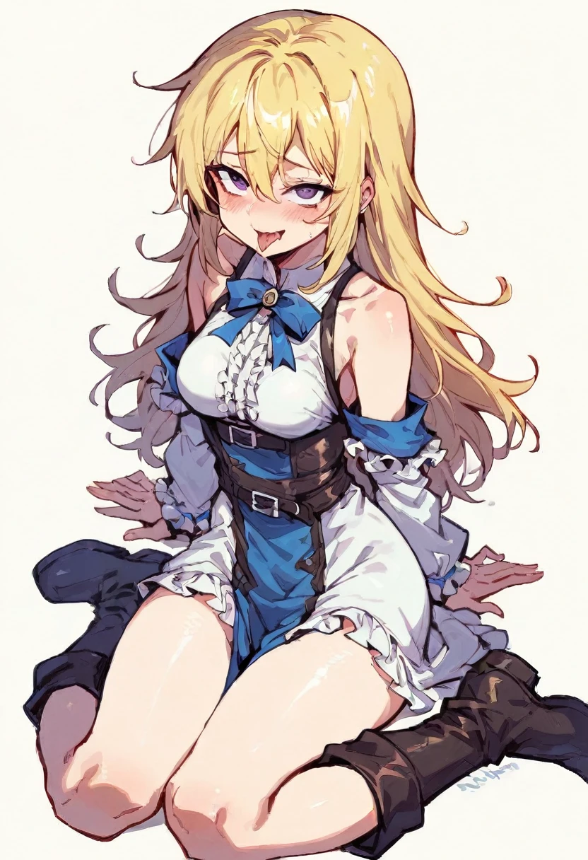 female, blonde long hair with blue bow, blue eyes, pale skin, (((1girl))), (((black long sleeve gothic dress with white trim))), (blue bows), (white and blue striped stockings), (black Mary Jane shoes), (black top hat with blue trim), cute and sexy, full body, big breasts, long legs, smiling