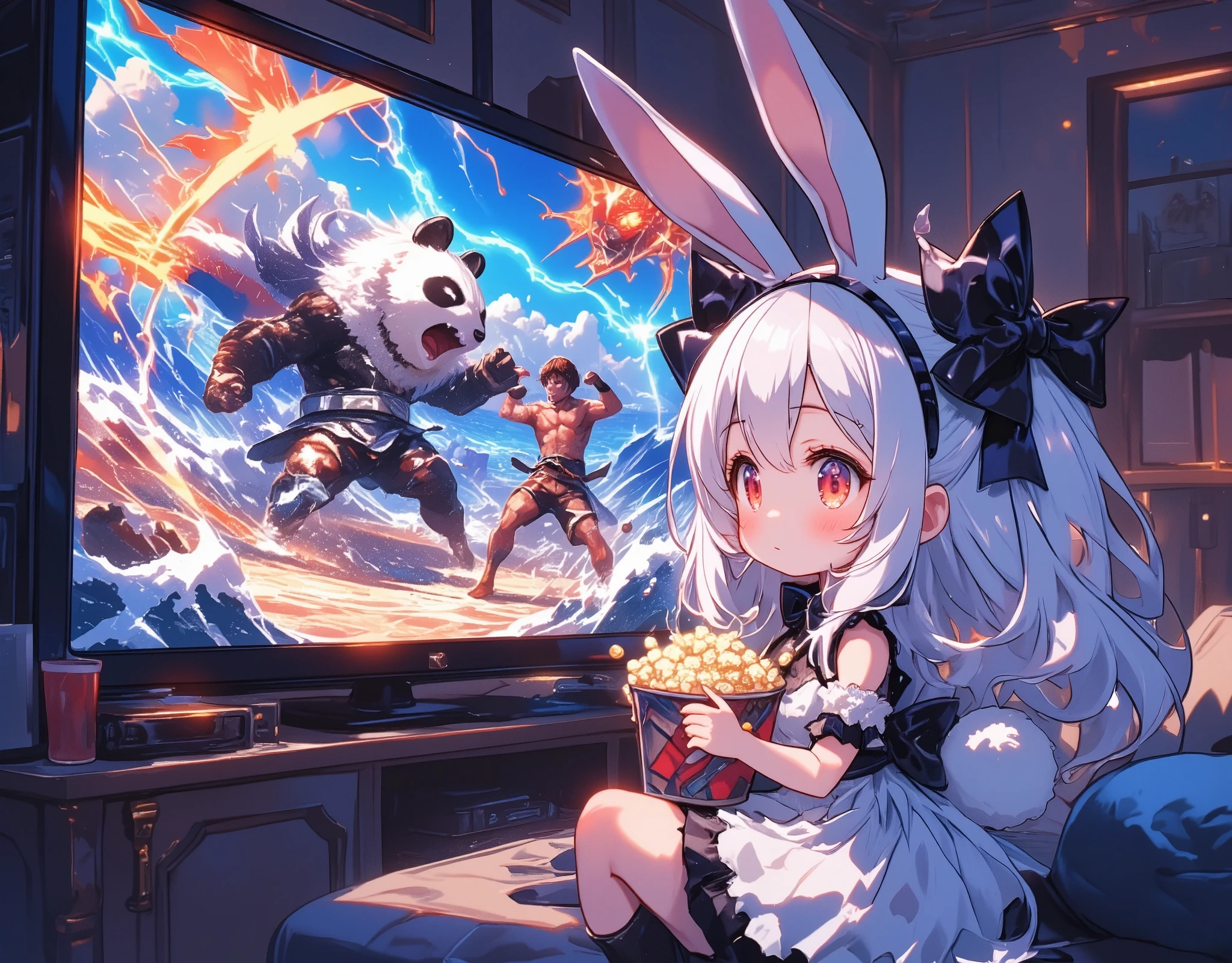 1girl\(chibi,human,cute,kawaii,small ,age of 10,white hair,long hair,bangs,ear\(fluffy white bunny-ear\),red eye,big eye,beautiful shiny eye,skin color white,big black hairbow,white frilled dress:1.3,breast,white rabbit tail at coccyx,holding popcorn,from back\) is watching TV-show\(man\(very short hair,black hair,Muay Thai costume\) and 1giant-panda\(huge,cute, scary\) is fighting, both angry and rage and yell in the super intense flash of thunder and huge tsunami\)