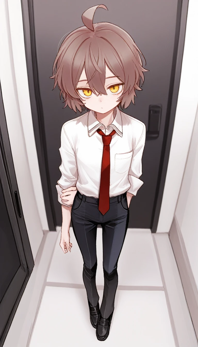 masterpiece, best quality, aomushi-\(mushamusha\), 1girl, small breast, skinny, short hair, brown hair, double-parted bangs, ahoge, yellow eyes, white collared shirt, red tie, black pants, black loafers, standing, full body