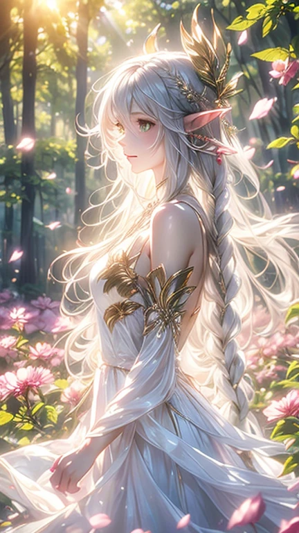 (masterpiece, 最 high quality,  high quality,  high definition, Super detailed), Realistic,, 1 cute girl slouching forward,  Great Lord Lucca Devata, ( side blade:1.1), Long Hair,((Gray Hair)),  Leaf Hair Ornament , (Beautiful ears), Elf, green eyes, Pale skin, Bare Shoulder, (medium breasts), ( clevis:1.1),  jewelry,  white long dress, ( separated sleeve:1.1),  bracelet, ( facing sideways :1.2), (Hair floating:1.3), from side,,(in forest:1.3), ( Pink Flowers :1.1), ( Falling Petals :1.1), ( Lens Flare from the Right :1.2), (God's Light from the Right :1.2),,