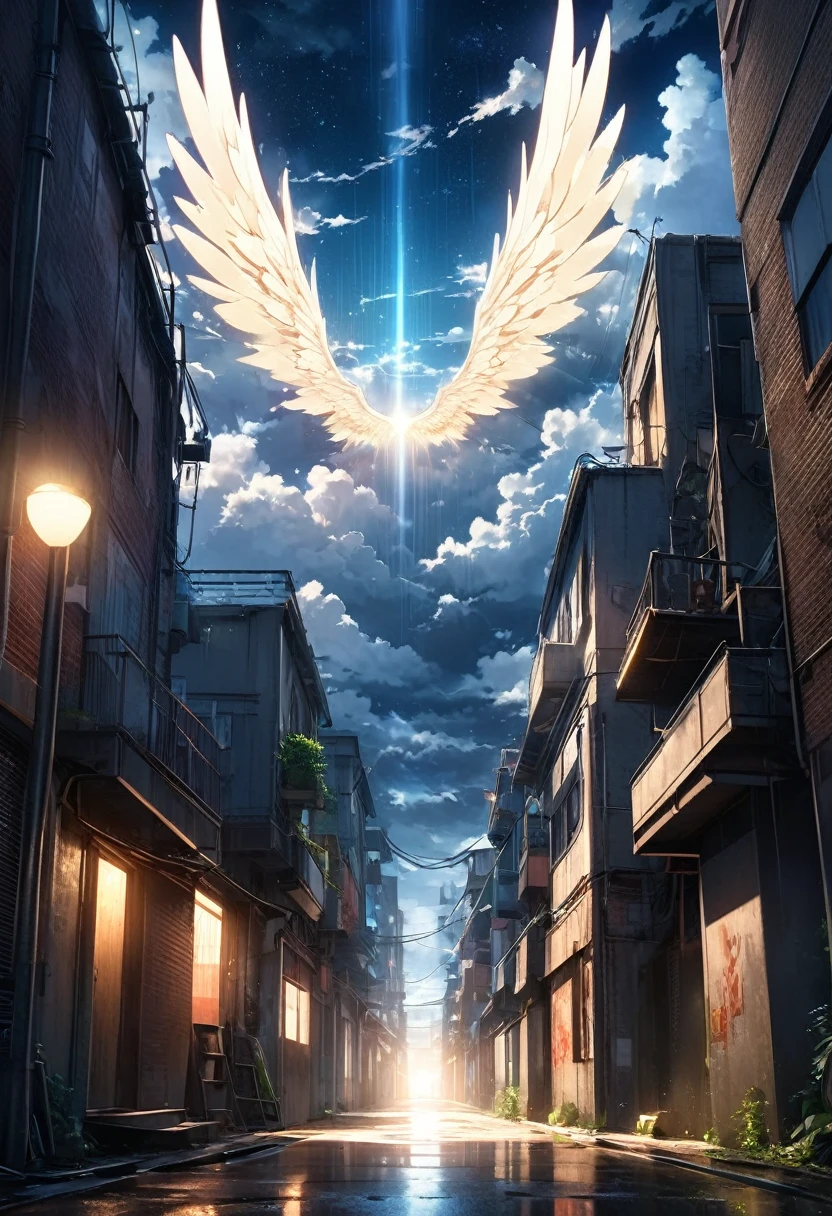  God through the clouds in an uninhabited alley in an urban area after the rain々Composition with bright light shining in , The sky in the shape of clouds looks like wings  ,2D digital art with a mystical atmosphere (( background blur)),