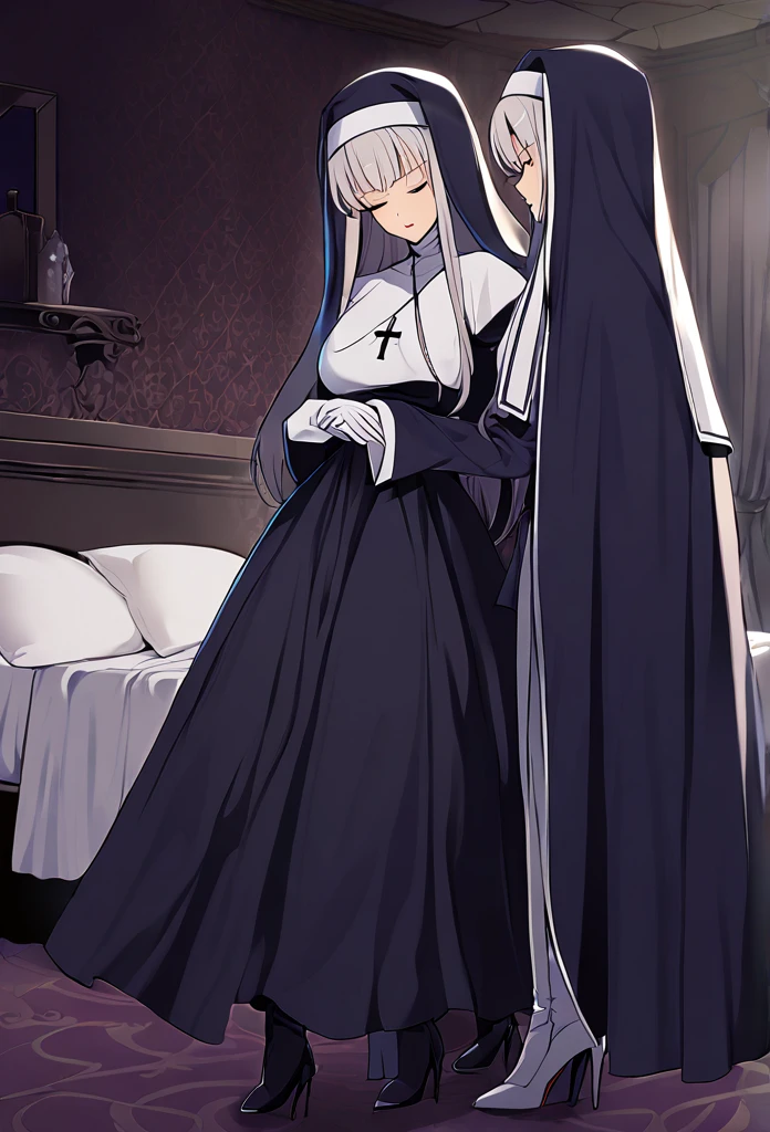 (2girls, couple) Nun, long skirt, long over loose sleeves, white gloves, faceless, handless, nun outfits, 
cape covering whole body, long cape, scary cape, sexy, sexy pose, heels boots, room, bed, sleeping together