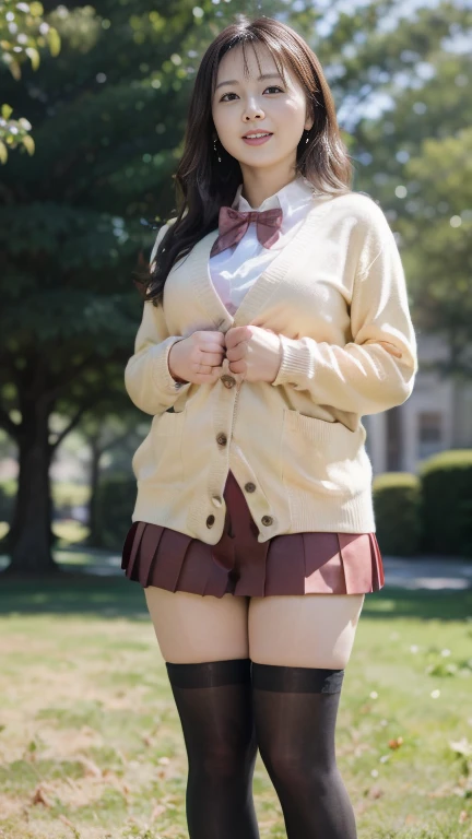  japanese mature,55 years old, white skin,(plump body, plump thighs:1.5),(red bowtie,brown cardigan,red skirt,pleated skirt,micro miniskirt,black thighhighs, earrings, High Heels :1.2),( standing in the park, take a picture of the whole body from toe to head,full body,standing:1.2),looking at viewer,smile, surrealism, depth of field, from below, Sony FE, 8k