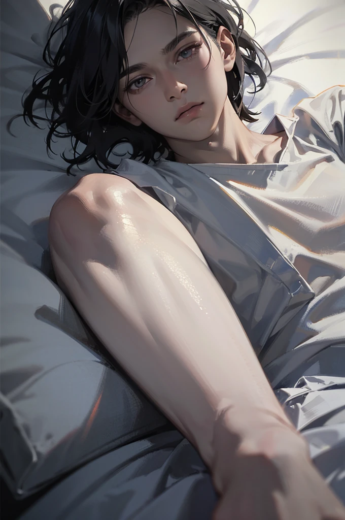 Random hair, male, stunningly beutiful, fantasy, romance fantasy, medieval theme, detailed background, in bed, (masterpiece:1.21),(bestquality:1.21),8k,high detailed,ultra-detailed,photography,award winning,documentary,Original Photo,Realisticity,solo,physically-based rendering,depth of field,(low saturation:1.3),(1boy;1.4:1.1),a male,silm,Real Skin Texture,White Marble Glowing Skin,model,model(random_color_clothing:1.45),(random stylish pose action:1.1), (close up view shot)