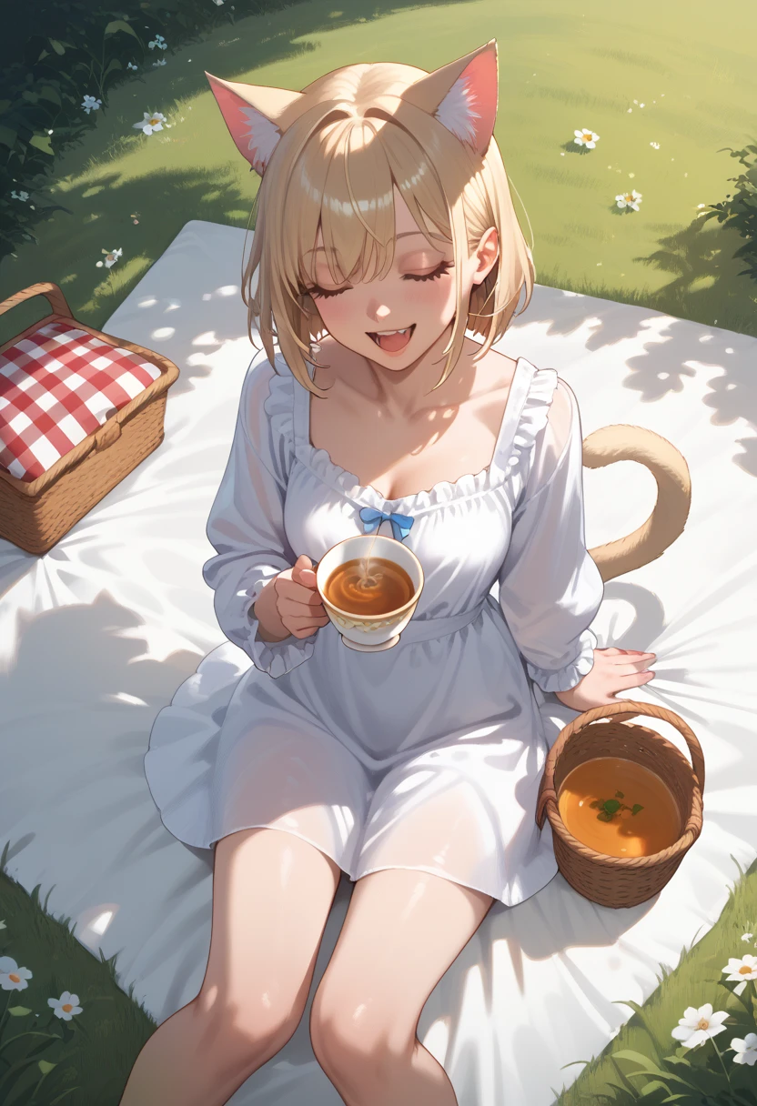 cinematic lighting, girl, cat girl, cat ears, cat tail, grass, picnic, basket of food, cup of tea in hand, laughing, closed eyes, breeze, beautiful sheet, from above, sitting on sheet, view over her head