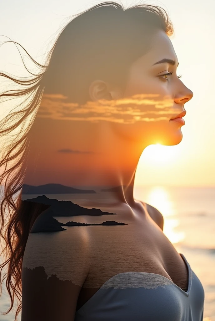 high quality, 8K Ultra HD, A beautiful double exposure photorealistic that combines an goddess silhouette with sunset coast, sunset coast should serve as the underlying backdrop, with its details incorporated into the goddess , crisp lines, The background is monochrome, sharp focus, double exposure, awesome full real color,