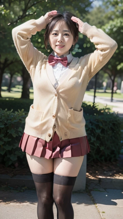  japanese mature,58 years old, white skin,(plump body, plump thighs:1.5),(red bowtie,brown cardigan,red skirt,pleated skirt,micro miniskirt,black thighhighs, earrings, High Heels :1.2),( standing in the park, take a picture of the whole body from toe to head,full body,standing:1.2),looking at viewer,smile, surrealism, depth of field, from below, Sony FE, 8k,arms up