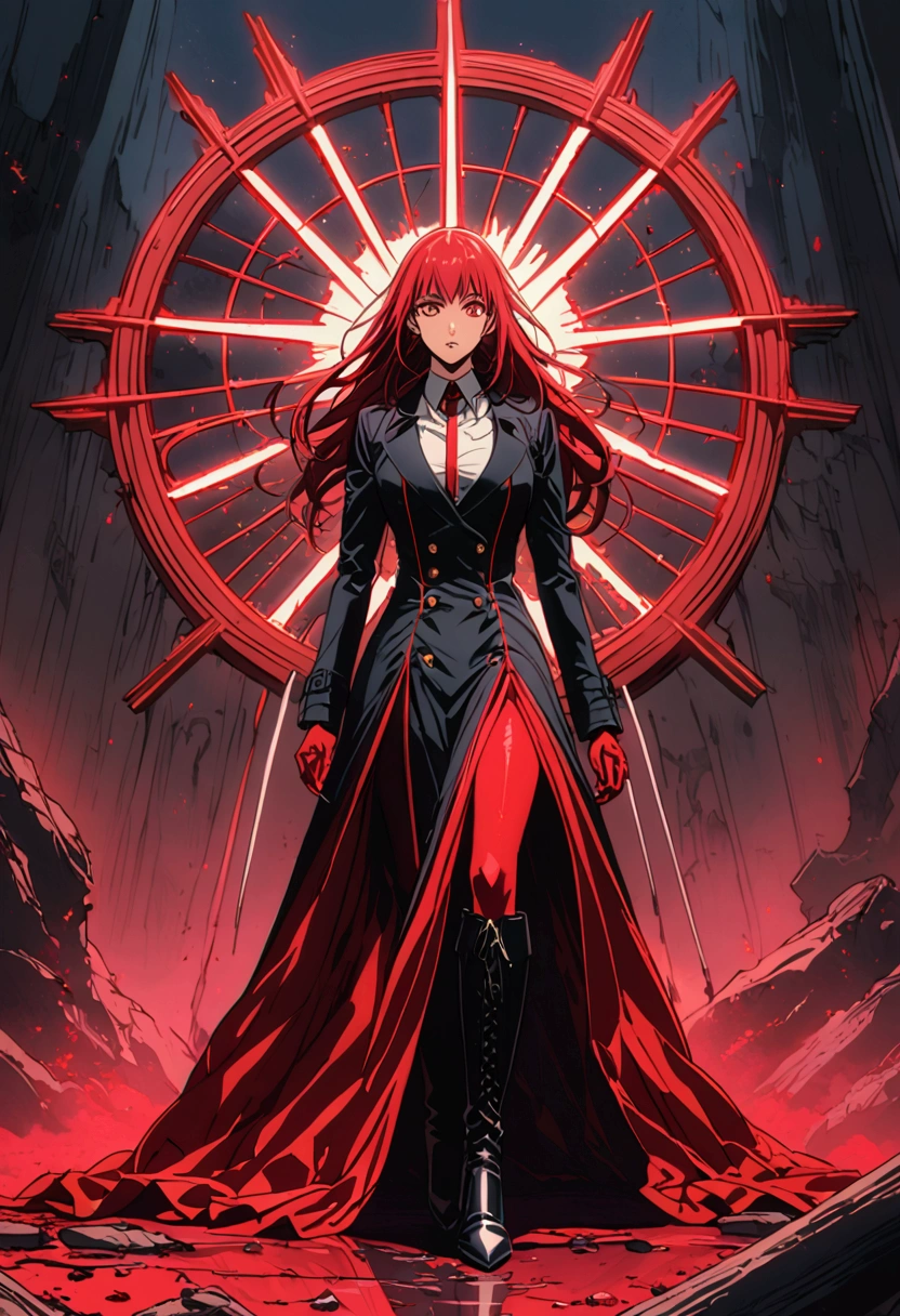 The artstyle needs to be like chainsaw man anime. women striking figure, a dark enchantress who stands tall and imposing. Her long, cascading raven-deep red magenta hair. Her cat looking eyes are a haunting shade of red, glowing like dying stars, reflecting the fears and regrets of those who dare to meet her gaze. 

Her attire consists of a fitted black dresz. Over this, she wears a long, dark trench coat, lined with symbols of death and decay. Her high-heeled boots echo ominously with each step, adding to her commanding presence.