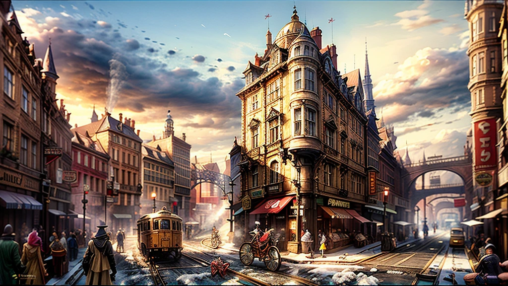 best qualtiy,masterpiece,movie-level quality,castle,steampunk,steam machine,age of steam,street,city,landscape,large airship,Skyscraper,castle in the city,