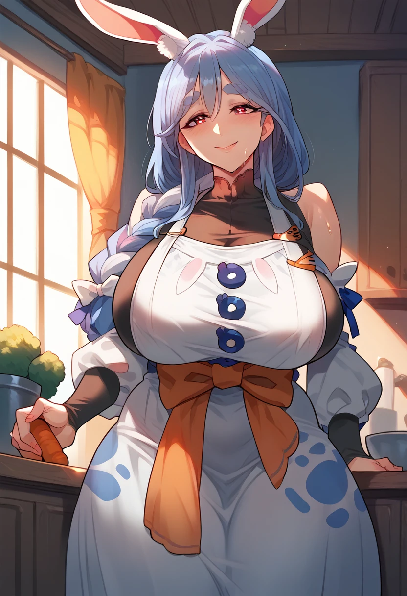 Hyper realistic, mother, milf, mature female, face, perfect lighting, perfect, sexy female, closed mouth,, huge breasts, sweat、smile、pekomamadef, thick eyebrows, bunny-shaped pupils, rabbit ears, animal ear fluff, apron, dress, detached sleeves, bow,  carrot hair ornament 、((横から))