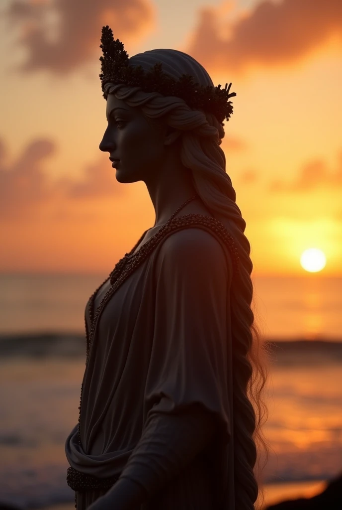 high quality, 8K Ultra HD, A beautiful exposure photorealistic that combines an goddess silhouette with sunset coast, sunset coast should serve as the underlying backdrop, with its details incorporated into the goddess , crisp lines, The background is monochrome, sharp focus, double exposure, awesome full real color,