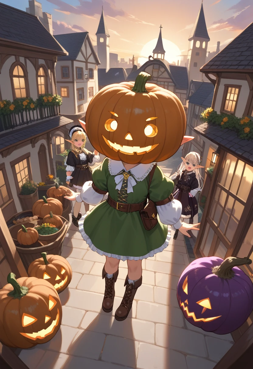 Jack-o-lantern,elaborate city.In city live 6+girls\(cute, very small, dwarf, elf ears, witch clothes\).from above.score_9, score_8_up, score_7_up, score_6_up, score_5_up, score_4_up, source_anime,source_furry,rating_safe,rating_questionable,masterpiece, best quality, perfect anatomy , very aesthetic , absurdres,limited pallet,(dynamic angle)