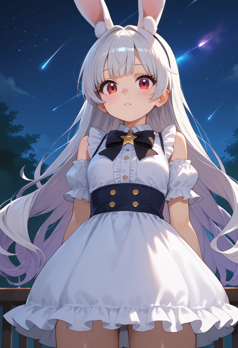 source_anime, source_furry,rating_safe, BREAK ,solo,1girl,human,cute,kawaii,small , of 10,ite hair,very long hair,bangs,fluffy white rabbit ear,red eye,big eye,beautiful shiny eye,skin color white,big black hairbow,white frilled dress,breast, BREAK ,at plaza,at night,many beautiful twinkle stars,colorful nebulas,shooting star,from below