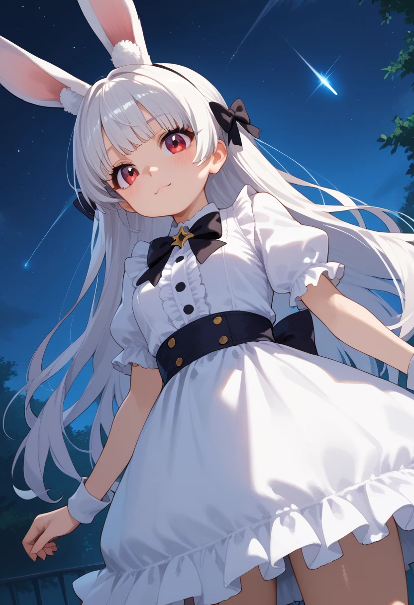 source_anime, source_furry,rating_safe, BREAK ,solo,1girl,human,cute,kawaii,small ,age of 10,white hair,very long hair,bangs,fluffy white rabbit ear,red eye,big eye,beautiful shiny eye,skin color white,big black hairbow,white frilled dress,breast, BREAK ,at plaza,at night,many beautiful twinkle stars,colorful nebulas,shooting star,from below