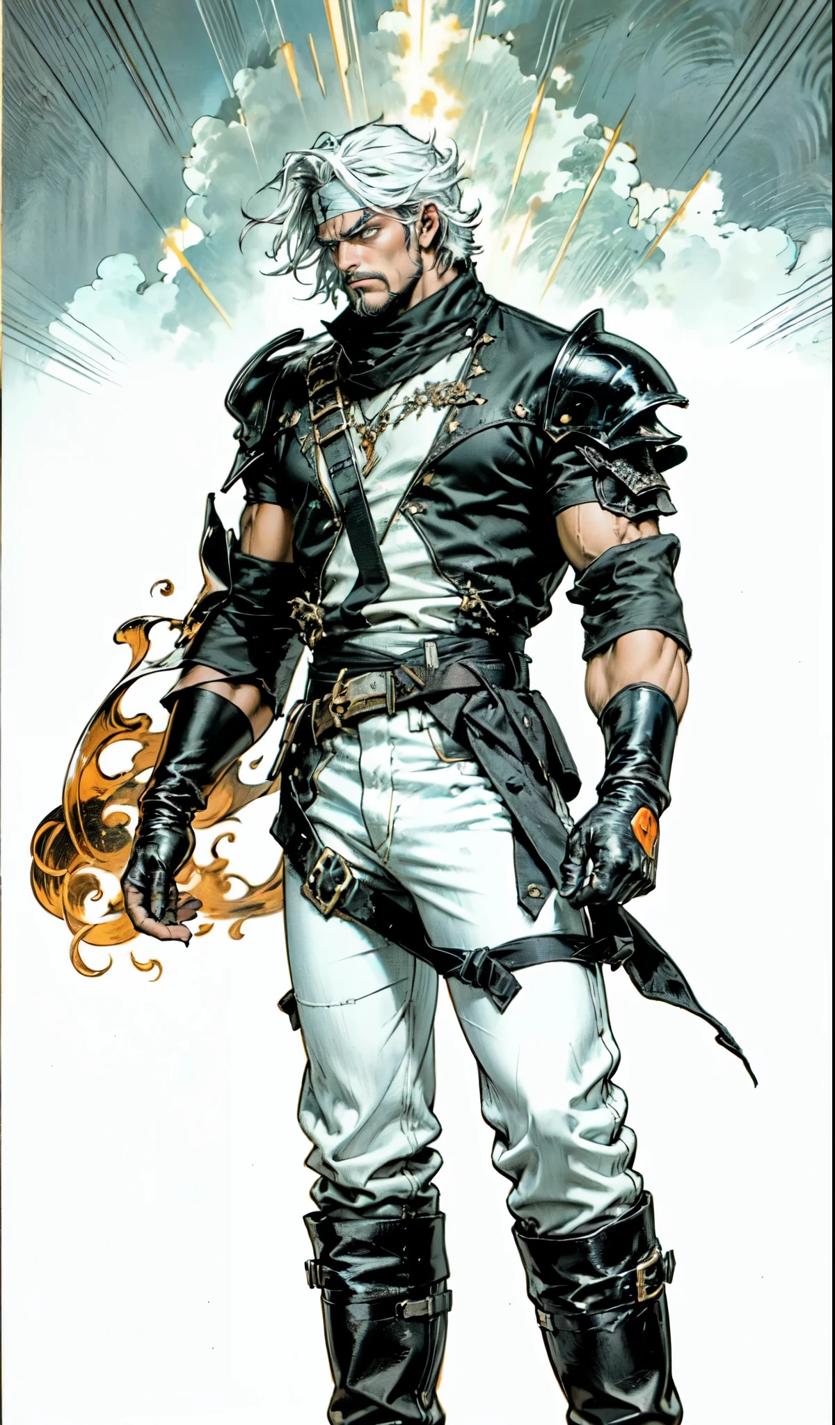 (masterpiece:1.2, best quality:1.2, extremely delicate:1.2), ((male:1.5)), a middle-aged man with slicked-back gray short hair, yellow side-parted bangs, a red-white headband tied around his forehead, deep-set eyes, a rugged face, full beard, tall and robust physique, fantasy-style Central Asian ethnic attire, the color scheme is primarily Red with White and Orange accents, short hem, extra-long gloves, white trousers, tall boots, Orange-Red aura bursting from the fingers of his right hand, he stands on a pitch-black street, this character embodies a finely crafted fantasy-style rogue in anime style, exquisite and mature manga art style, dramatic, high definition, highres, ultra-detailed, ultra-fine painting, professional, perfect body proportions, golden ratio, anatomically correct, symmetrical face, extremely detailed eyes and face, high quality eyes, creativity, RAW photo, UHD, 32k, Natural light, cinematic lighting, (masterpiece-anatomy-perfect:1.2)