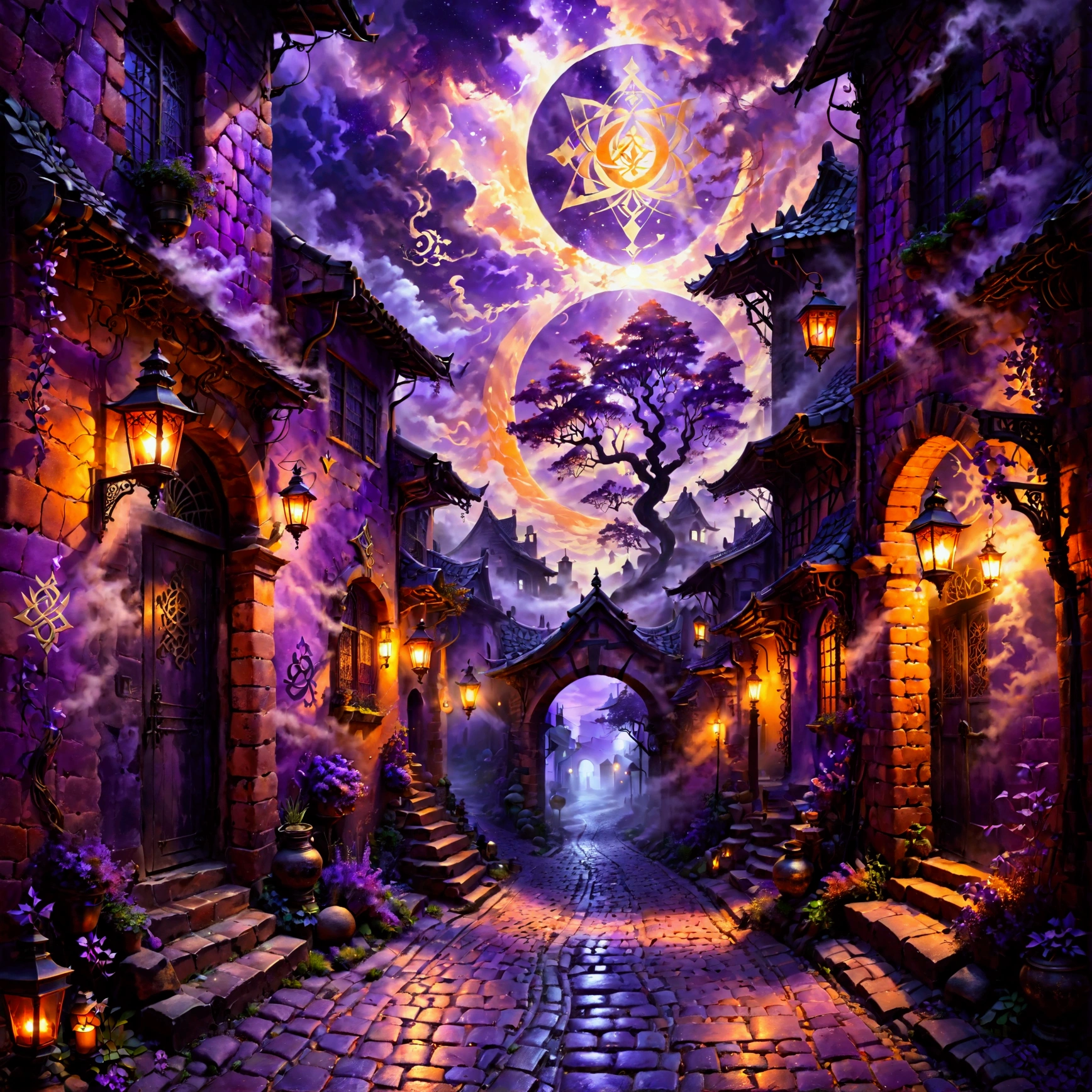 A dimly lit, mysterious alleyway that feels like an entryway to a fantastical world, set in the soft glow of twilight. The alley is narrow, with cobblestone pavement, old brick walls, and lanterns casting a warm yet faint light. Shadows stretch across the ground, and subtle details like mist or faintly glowing symbols on the walls give the alley a mystical atmosphere. At the end of the alleyway, a faint light hints at a hidden, otherworldly realm beyond. The sky is painted in shades of purple and orange as dusk settles, adding to the sense of mystery and enchantment, (dimly lit alleyway, mysterious atmosphere, fantasy world entrance, twilight, cobblestone pavement, old brick walls, warm lantern light, shadows, mystical symbols, mist, dusk sky, purple and orange hues, enchanting, otherworldly)