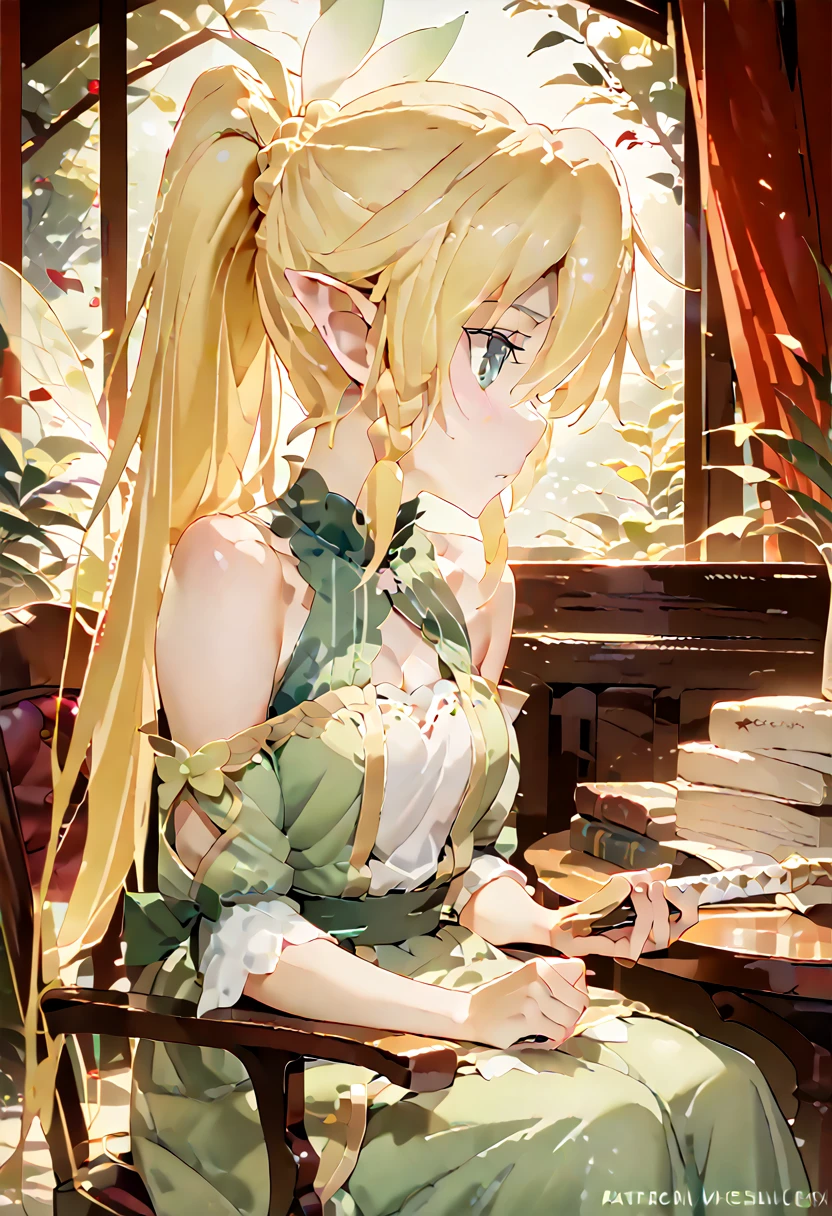 leafa, sword art online, blonde hair, hair between eyesbraid, ponytail, long hair, green eyes, pointy ears, green dress, fairy wings, looking away, sitting on the chair, xd,
