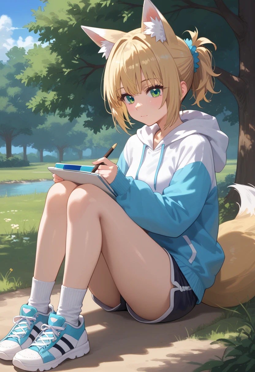 score_9,score_8_consolation,score_7_consolation,evaluation_safe, 1 woman,alone,Suzuran,closed mouth,green eyes,Animal ear fluff,blonde hair,1 tail,fox tail,sitting astride,put one&#39;s hand into one&#39;s clothes,outdoors,In the meadow,short cut,short ponytail,white hoodie,Short hot pants,White Socks,canvas sneakers