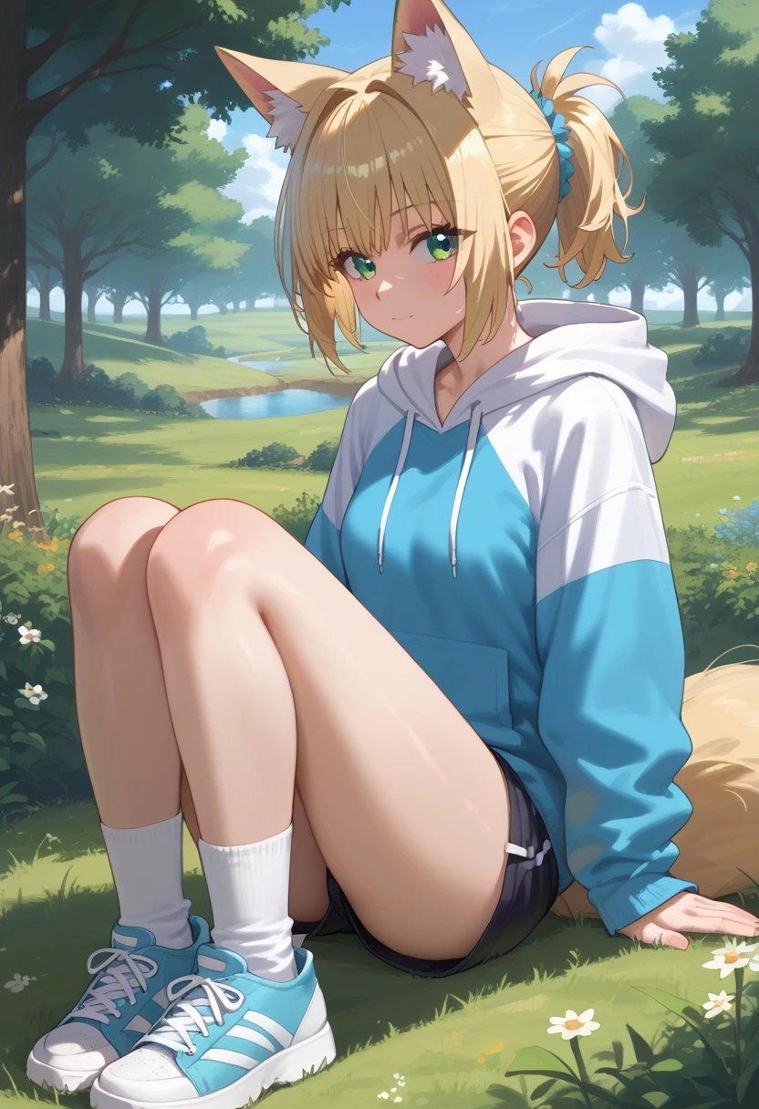 score_9,score_8_consolation,score_7_consolation,evaluation_safe, 1 woman,alone,Suzuran,closed mouth,green eyes,Animal ear fluff,blonde hair,1 tail,fox tail,sitting astride,put one&#39;s hand into one&#39;s clothes,outdoors,In the meadow,short cut,short ponytail,white hoodie,Short hot pants,White Socks,canvas sneakers