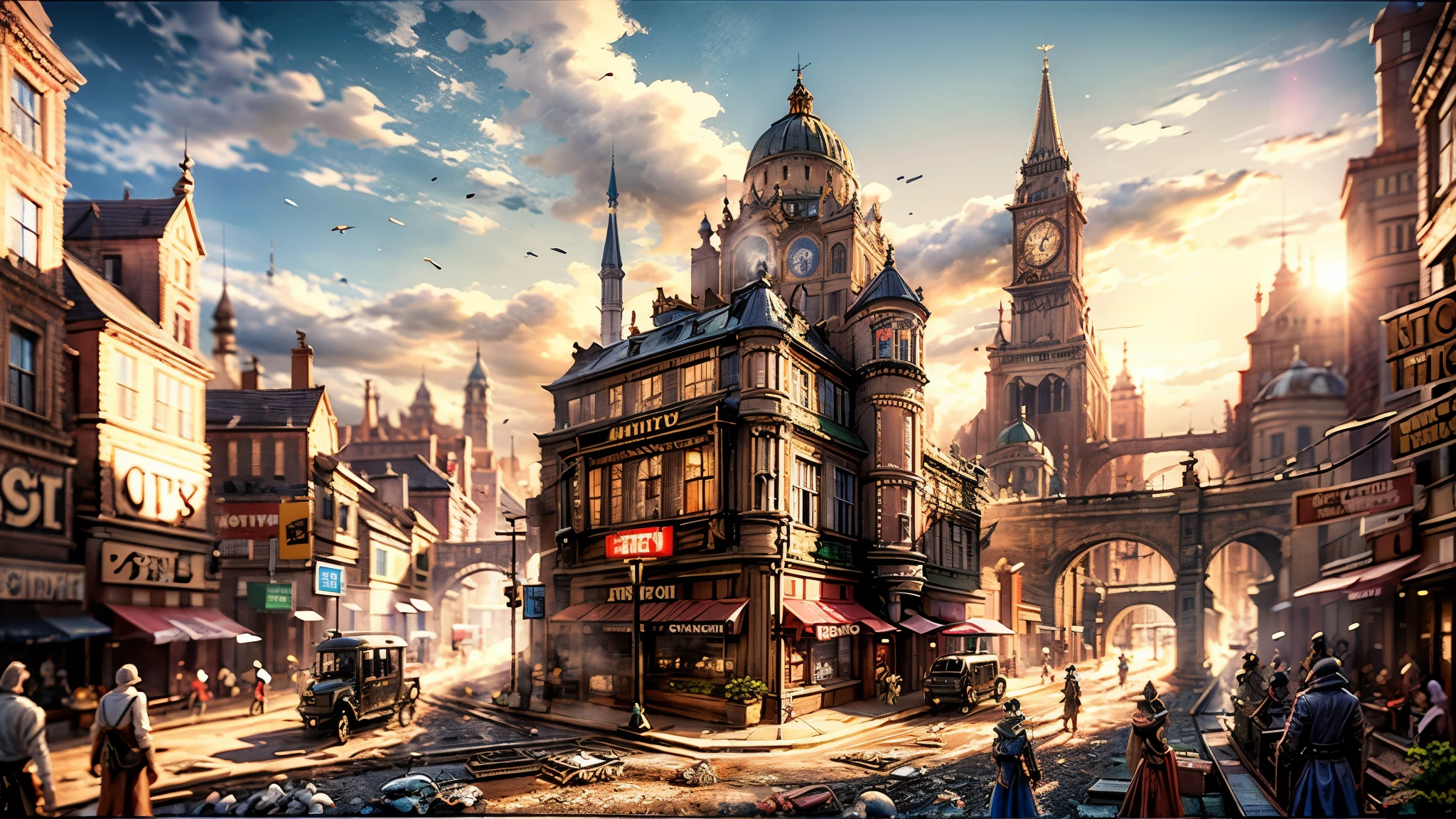 best qualtiy,masterpiece,movie-level quality,castle,steampunk,steam machine,age of steam,street,city,landscape,large airship,Skyscraper,castle in the city,