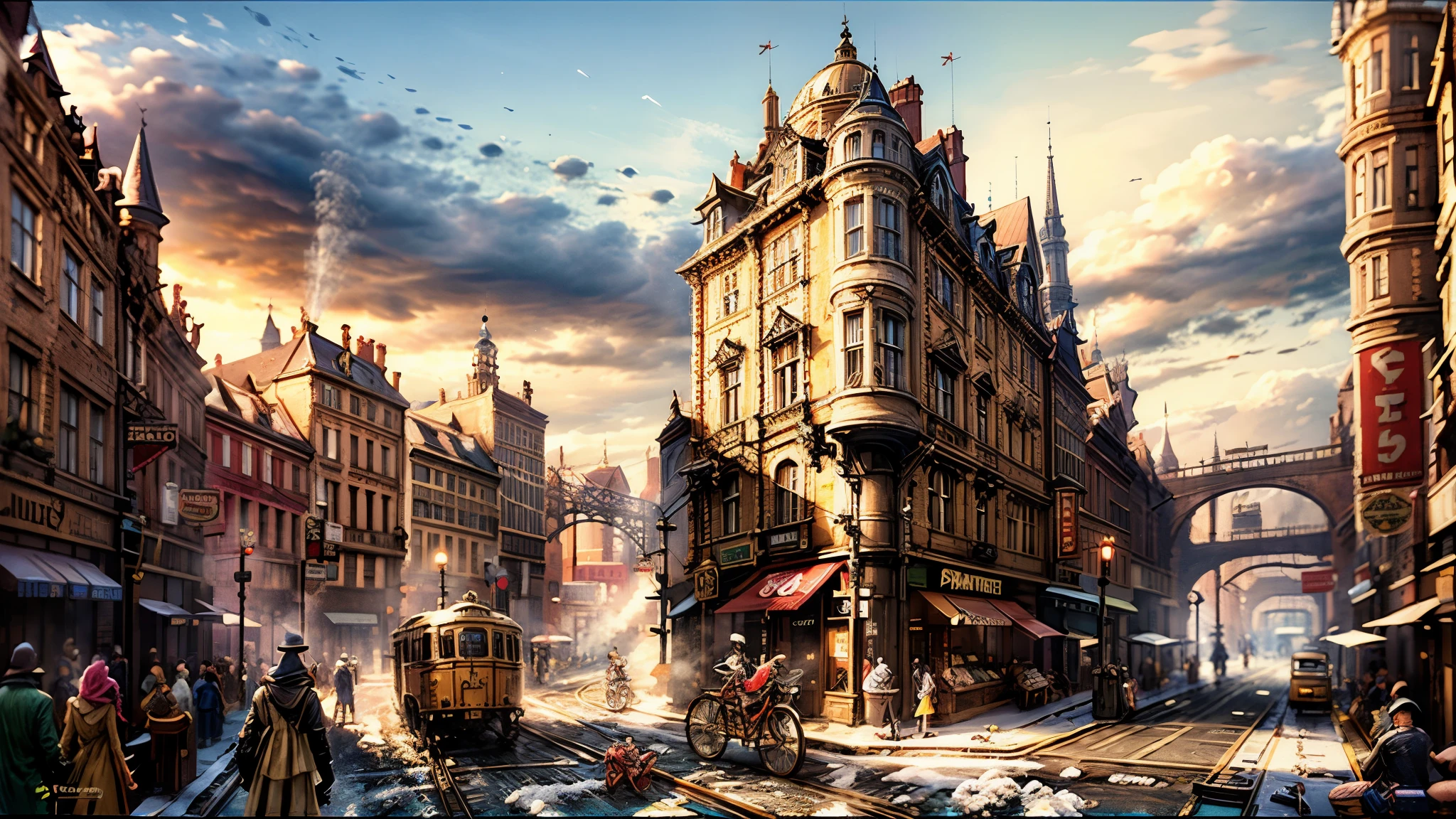 best qualtiy,masterpiece,movie-level quality,castle,steampunk,steam machine,age of steam,street,city,landscape,large airship,Skyscraper,castle in the city,