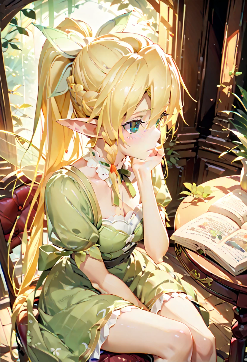 leafa, sword art online, blonde hair, hair between eyesbraid, ponytail, long hair, green eyes, pointy ears, green dress, fairy wings, looking away, sitting on the chair, xd,
