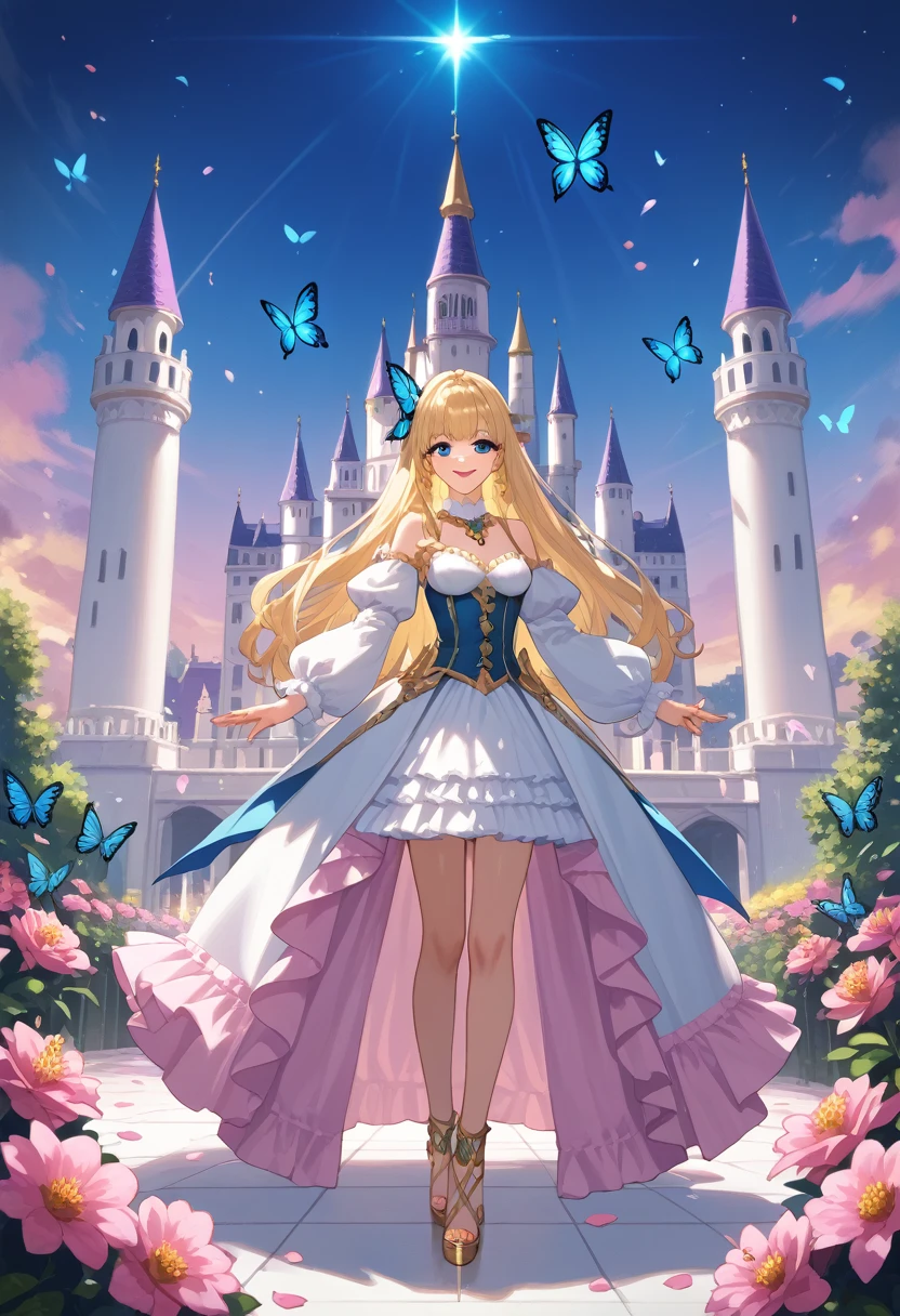 a very beautiful castle/(full body/),beautiful long blonde princess, colorful butterflies,many flowers and petals,colorful,pastel color,vivid color.score_9, score_8_up, score_7_up, score_6_up, score_5_up, score_4_up, source_anime,source_furry,rating_safe,rating_questionable,masterpiece, best quality, perfect anatomy , very aesthetic , absurdres ,vivid color,golden hour