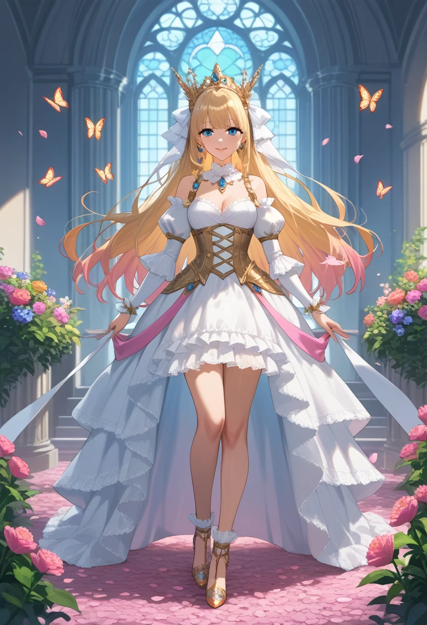 a very beautiful castle/(full body/),beautiful long blonde princess, colorful butterflies,many flowers and petals,colorful,pastel color,vivid color.score_9, score_8_up, score_7_up, score_6_up, score_5_up, score_4_up, source_anime,source_furry,rating_safe,rating_questionable,masterpiece, best quality, perfect anatomy , very aesthetic , absurdres ,vivid color,golden hour