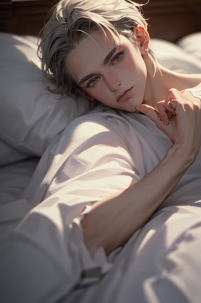 Random hair, male, stunningly beutiful, fantasy, romance fantasy, medieval theme, detailed background, in bed, (masterpiece:1.21),(bestquality:1.21),8k,high detailed,ultra-detailed,photography,award winning,documentary,Original Photo,Realisticity,solo,physically-based rendering,depth of field,(low saturation:1.3),(1boy;1.4:1.1),a male,silm,Real Skin Texture,White Marble Glowing Skin,model,model(random_color_clothing:1.45),(random stylish pose action:1.1), (close up view shot)