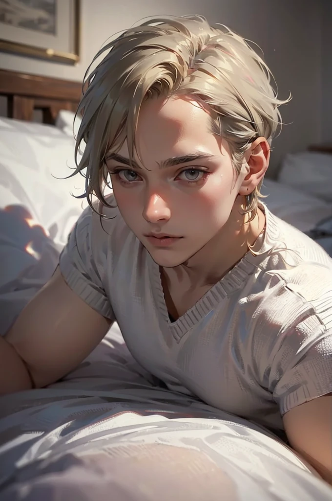 Random hair, male, stunningly beutiful, fantasy, romance fantasy, medieval theme, detailed background, in bed, (masterpiece:1.21),(bestquality:1.21),8k,high detailed,ultra-detailed,photography,award winning,documentary,Original Photo,Realisticity,solo,physically-based rendering,depth of field,(low saturation:1.3),(1boy;1.4:1.1),a male,silm,Real Skin Texture,White Marble Glowing Skin,model,model(random_color_clothing:1.45),(random stylish pose action:1.1), (close up view shot)