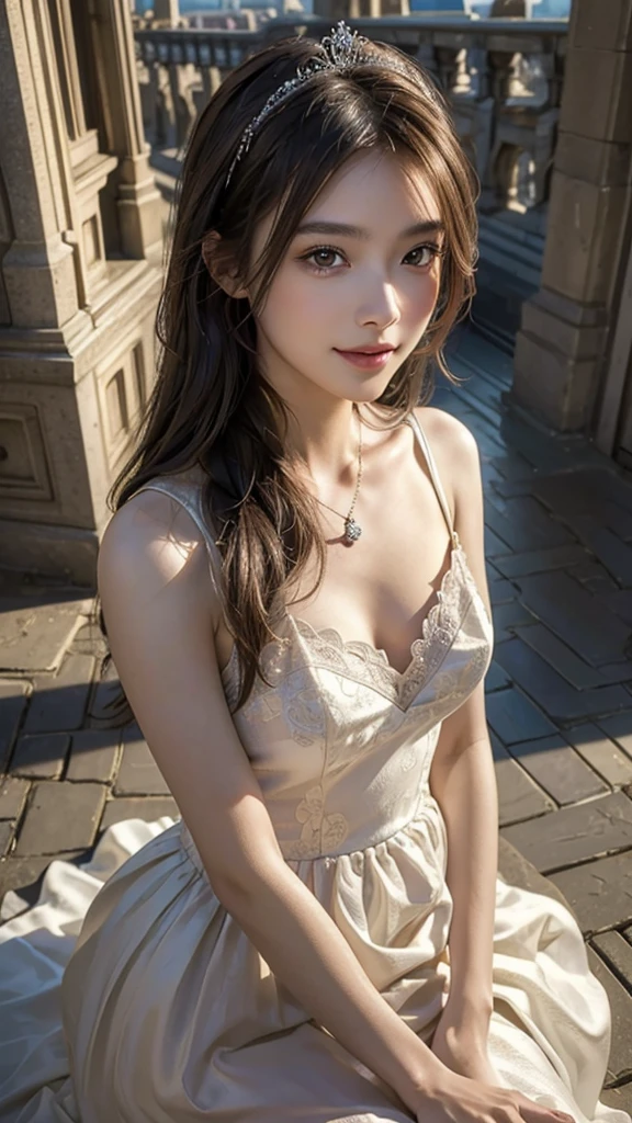 (ultra-realistic realism)、(illustration)、(A high resolution)、(8K)、(Best Illustration)、(Beautifully detailed eyes)、(top-quality)、(ultra - detailed)、(masterpiece)、(the wallpaper)、(A detailed face)、solo、looking at viewert、A detailed face、pureerosfaceace_V1、A smile、 long hair、slender body、plump breasts、46-point diagonal bangs、((White dress))、((Beautiful woman standing on the balcony of the castle))