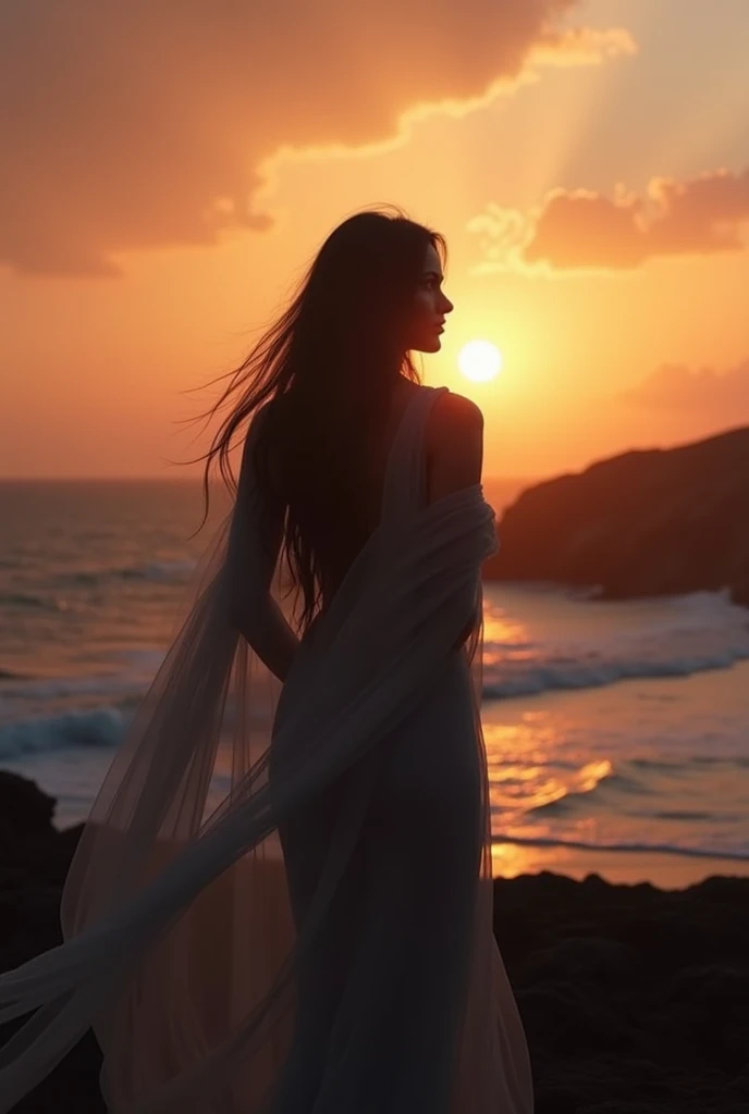 high quality, 8K Ultra HD, A beautiful exposure photorealistic that combines a stunning goddess silhouette wrapped in long tulle scarf with sunset coast, full circle sunset coast should serve as the underlying backdrop, with its details incorporated into the goddess , crisp lines, The background is monochrome, sharp focus, awesome full real color,