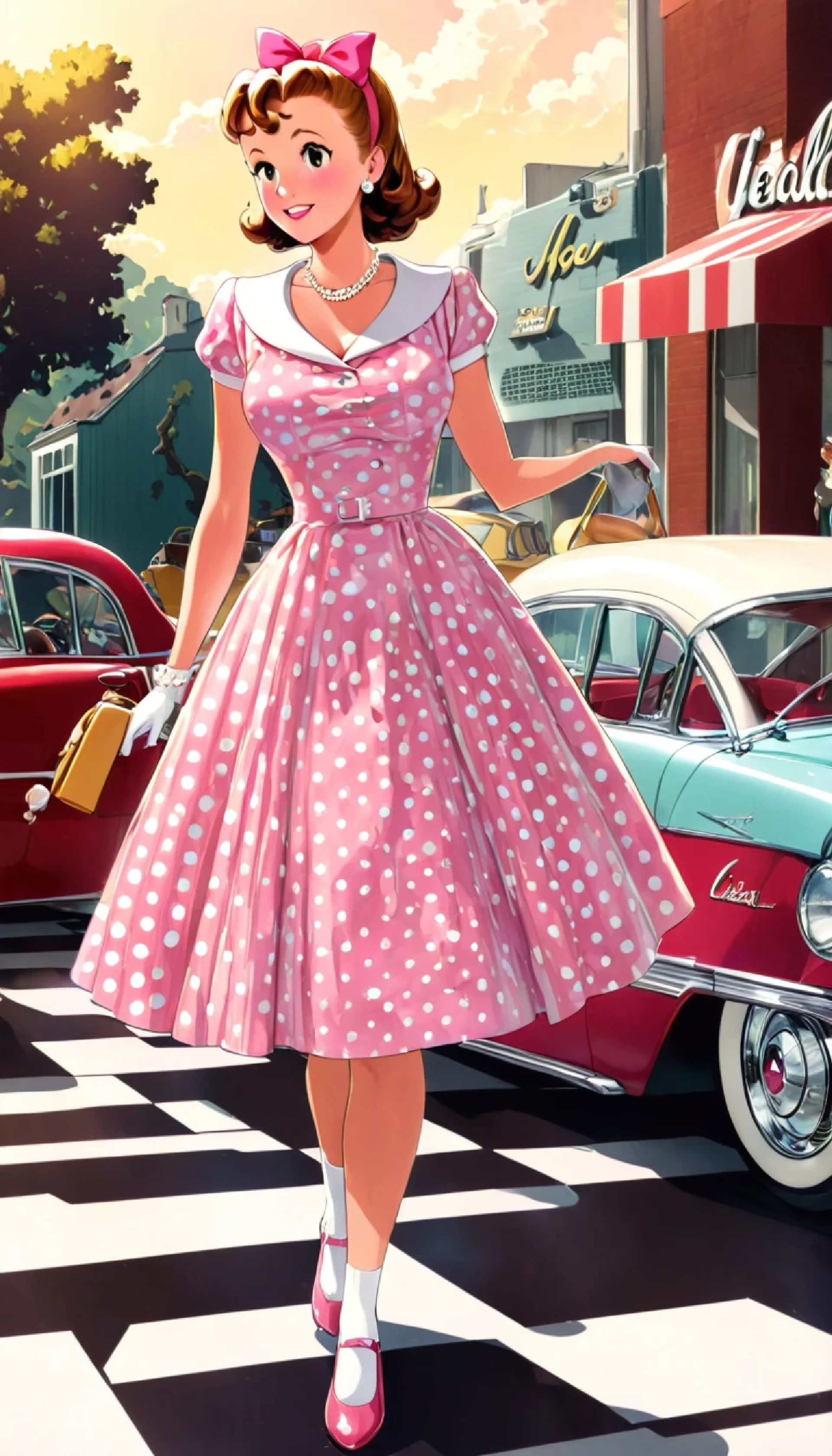 araffe dressed in a pink Polka Dot dress and white socks, Polka Dot, 50s Style, 5 0 s style, レトロな50s Style, pink iconic character, 1950's atmosphere , 1950's style , 60's Pin-up, Pin-up Girl, Pin-Up Girl, Pin-up Girl, 50s Style infomercial