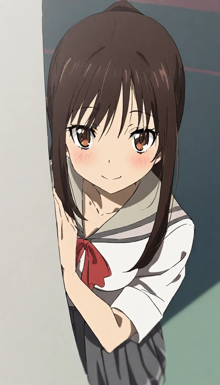 masterpiece, best quality, Kazuya Kuroda style, anime coloring, 1girl, medium breast, long hair, brown hair, bangs, long sidelocks, brown eyes, serafuku, school uniform, standing, full body