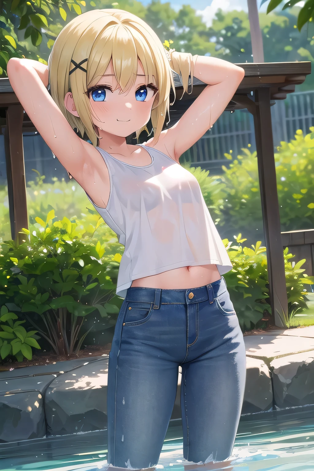 masterpiece,best quality,ultra detail,1girl, ,petismile happy, lake garden,sunshine,cloud, short hair, blue eyes, yellow hair, hair ornament, x hair ornament,Raise your arms and behind your head,White teeth, white tank tops, white crop tops, jeans, jean pants, Drenched in sweat, wet cloths, wetting self, (wet clothes:1.7), legs full stretched out