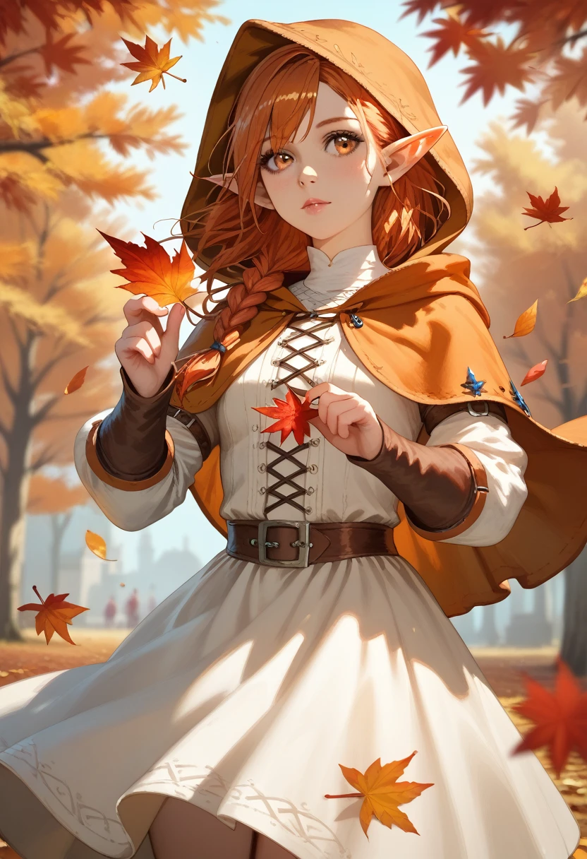 score_9, score_8_up, score_7_up, (masterpiece, UHD, 8K, 16K, ultra detailed), sfw, upperbody shot, 1girl, elf, orange eyes, one side braided hair, ginger hair, holding a red leaf, white dress with hood, intricate details, (murmuring leaves), (wind:1.2), (medieval fantasy), autumn forest background, (depth of field), bokeh, diffused light, dramatic ambient