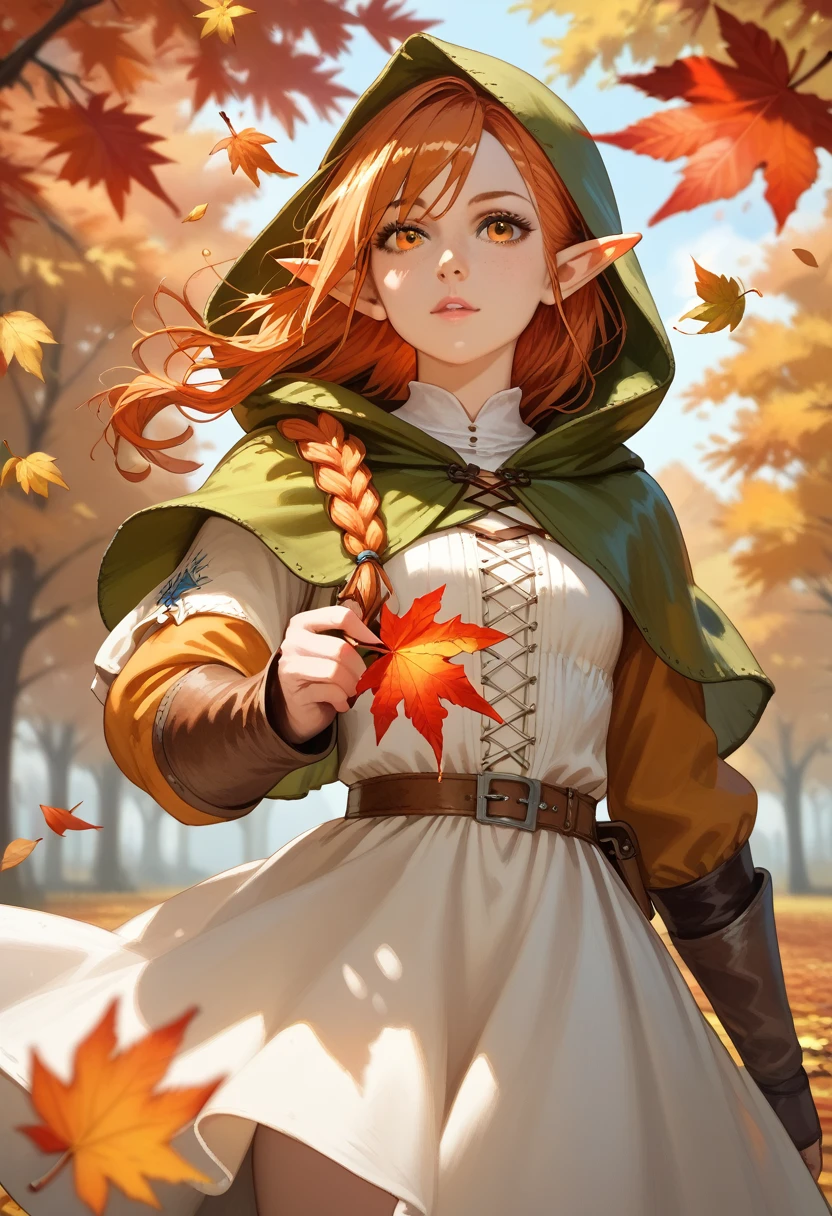 score_9, score_8_up, score_7_up, (masterpiece, UHD, 8K, 16K, ultra detailed), sfw, upperbody shot, 1girl, elf, orange eyes, one side braided hair, ginger hair, holding a red leaf, white dress with hood, intricate details, (murmuring leaves), (wind:1.2), (medieval fantasy), autumn forest background, (depth of field), bokeh, diffused light, dramatic ambient